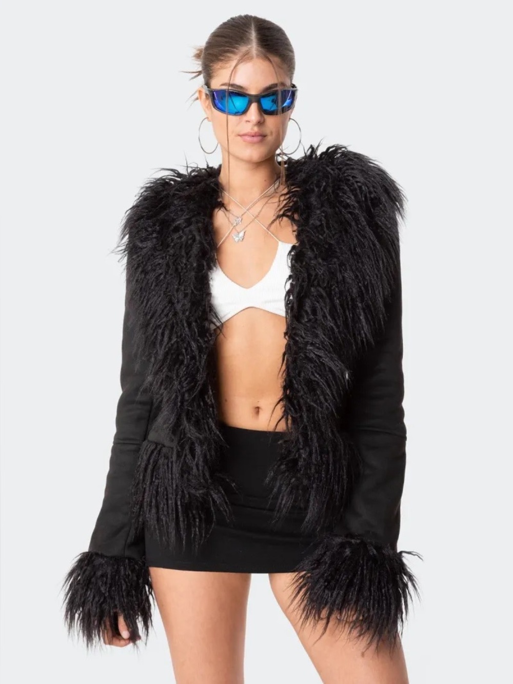 Edikted Faux Fur Trim Coat Jacket Black